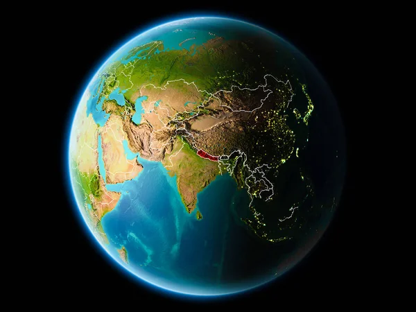 尼泊尔从行星地球的轨道在晚上与高度详细的表面纹理与可看见的边界线和城市光 Nasa 提供的这幅图像的元素 — 图库照片