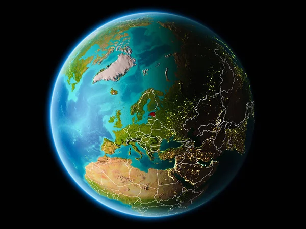 Estonya ile son derece detaylı yüzey dokuları görünür kenarlık çizgisi ve şehir ışıkları ile gece Dünya gezegeninin yörüngeden. 3D çizim. Nasa tarafından döşenmiş bu görüntü unsurları.