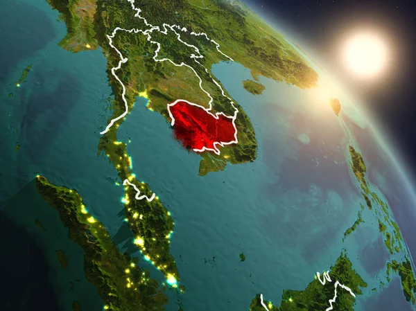 Günbatımı Kamboçya Planet Earth görünür ülke sınırları ile uzaydan yukarıda. 3D çizim. Nasa tarafından döşenmiş bu görüntü unsurları.