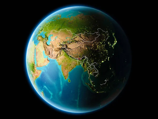 Bhutan görünür kenarlık çizgisi ve şehir ışıkları ile son derece detaylı yüzey dokuları ile gece Dünya gezegeninin yörüngeden. 3D çizim. Nasa tarafından döşenmiş bu görüntü unsurları.