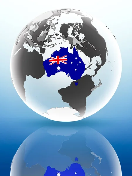 Avustralya Bayrağı Parlak Yüzeye Yansıtan Dünya Üzerinde Çizim — Stok fotoğraf