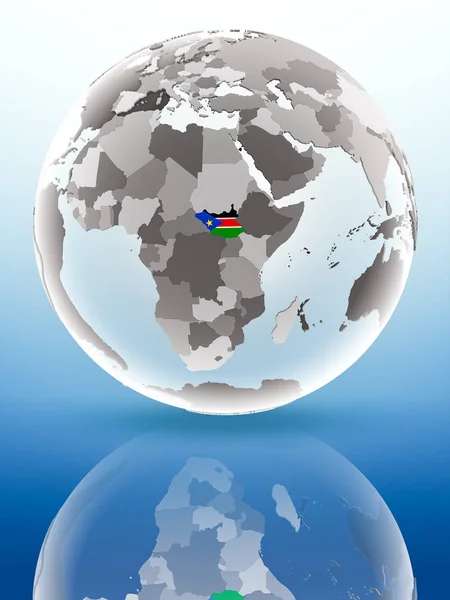 Sudan Południowy Flagą Świecie Odzwierciedlając Błyszczącą Powierzchnię Ilustracja — Zdjęcie stockowe