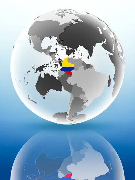 Colombia Met Vlag Wereldbol Reflecteren Glimmend Oppervlak Illustratie — Stockfoto