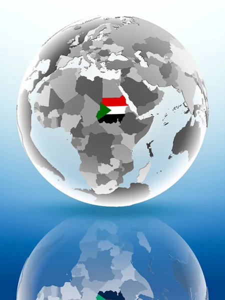 Sudan Med Flag Kloden Reflekterende Skinnende Overflade Illustration - Stock-foto