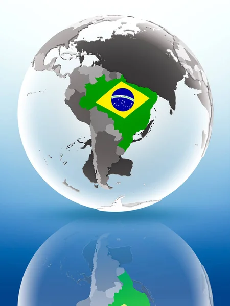 Brazilië Met Vlag Wereldbol Reflecteren Glimmend Oppervlak Illustratie — Stockfoto