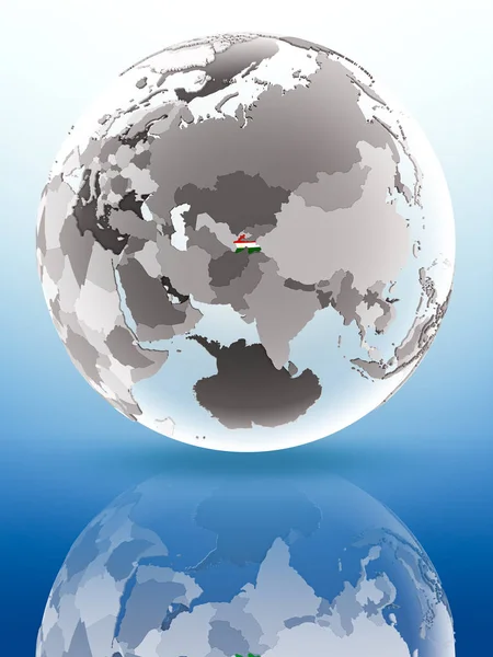 Tacikistan bayrağı parlak yüzeye yansıtan dünya üzerinde. 3D çizim.