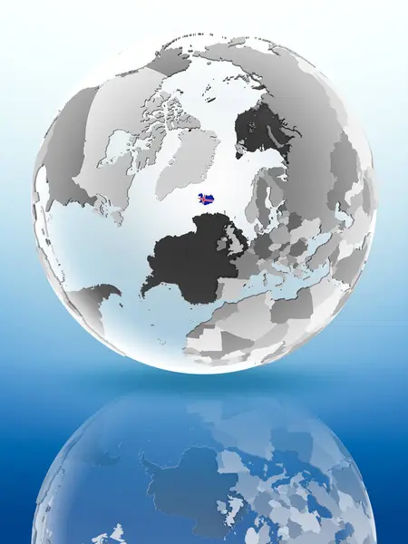 İzlanda bayrağı parlak yüzeye yansıtan dünya üzerinde. 3D çizim.