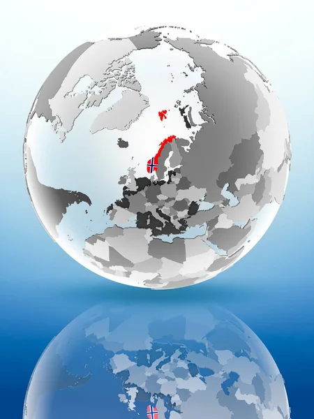 Norveç bayrağı parlak yüzeye yansıtan dünya üzerinde. 3D çizim.