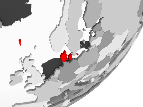 Ілюстрація Данії Виділено Червоним Кольором Сірий Глобусом Допомогою Прозорих Океанів — стокове фото