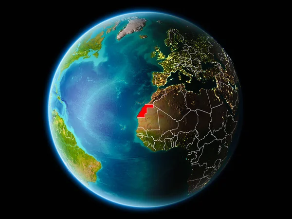 Batı Sahra görünür kenarlık çizgisi ve şehir ışıkları ile son derece detaylı yüzey dokuları ile gece Dünya gezegeninin yörüngeden. 3D çizim. Nasa tarafından döşenmiş bu görüntü unsurları.