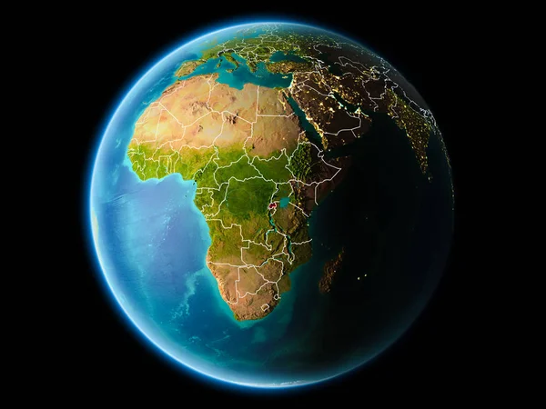 Ruanda son derece detaylı yüzey dokuları görünür kenarlık çizgileri ve şehir ışıkları ile gece Dünya gezegeninin yörüngeden. 3D çizim. Nasa tarafından döşenmiş bu görüntü unsurları.