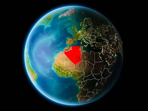 Cezayir görünür kenarlık çizgisi ve şehir ışıkları ile son derece detaylı yüzey dokuları ile gece Dünya gezegeninin yörüngeden. 3D çizim. Nasa tarafından döşenmiş bu görüntü unsurları.
