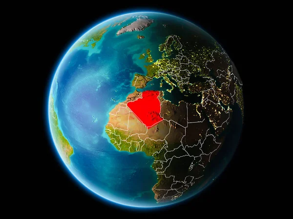 枠線と街の明かりと非常に詳細な表面のテクスチャと夜の惑星地球の軌道からアルジェリア イラスト Nasa から提供されたこのイメージの要素 — ストック写真