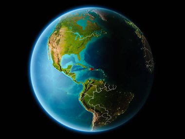 Dominik Cumhuriyeti son derece detaylı yüzey dokuları görünür kenarlık çizgileri ve şehir ışıkları ile gece Dünya gezegeninin yörüngeden. 3D çizim. Nasa tarafından döşenmiş bu görüntü unsurları.