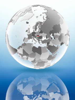 Macaristan bayrağı parlak yüzeye yansıtan dünya üzerinde. 3D çizim.