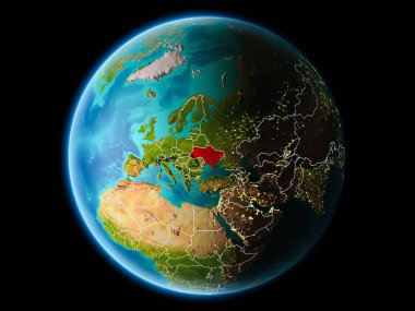 Ukrayna son derece detaylı yüzey dokuları görünür kenarlık çizgileri ve şehir ışıkları ile gece Dünya gezegeninin yörüngeden. 3D çizim. Nasa tarafından döşenmiş bu görüntü unsurları.