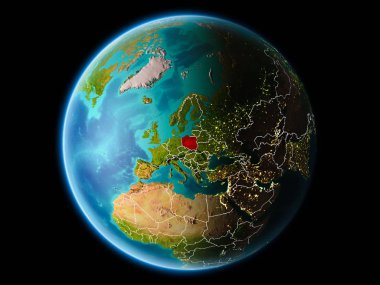 Son derece detaylı yüzey dokuları görünür kenarlık çizgileri ve şehir ışıkları ile gece Dünya gezegeninin yörüngesine Polonya'dan. 3D çizim. Nasa tarafından döşenmiş bu görüntü unsurları.