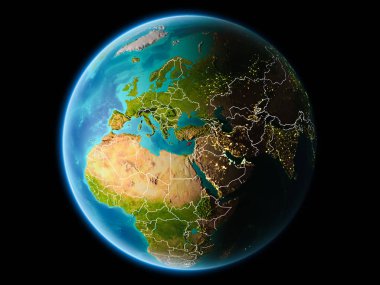 Kıbrıs gece görünür kenarlık çizgisi ve şehir ışıkları ile son derece detaylı yüzey dokuları ile Dünya gezegeninin yörüngeden. 3D çizim. Nasa tarafından döşenmiş bu görüntü unsurları.