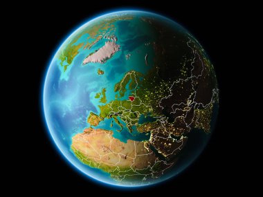 Litvanya gece görünür kenarlık çizgisi ve şehir ışıkları ile son derece detaylı yüzey dokuları ile Dünya gezegeninin yörüngeden. 3D çizim. Nasa tarafından döşenmiş bu görüntü unsurları.