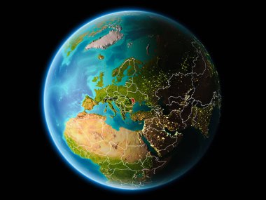 Son derece detaylı yüzey dokuları görünür kenarlık çizgileri ve şehir ışıkları ile gece Dünya gezegeninin yörüngesine Moldova'dan. 3D çizim. Nasa tarafından döşenmiş bu görüntü unsurları.