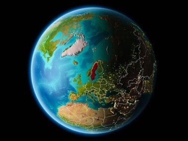 İsveç çok detaylı yüzey dokuları görünür kenarlık çizgileri ve şehir ışıkları ile gece Dünya gezegeninin yörüngeden. 3D çizim. Nasa tarafından döşenmiş bu görüntü unsurları.