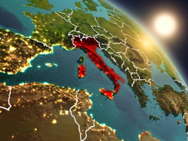 Günbatımı İtalya Planet Earth görünür ülke sınırları ile uzaydan yukarıda. 3D çizim. Nasa tarafından döşenmiş bu görüntü unsurları.
