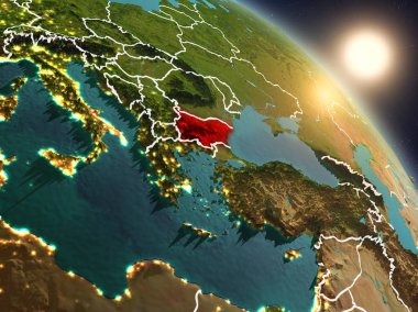 Günbatımı Bulgaristan Planet Earth görünür ülke sınırları ile uzaydan yukarıda. 3D çizim. Nasa tarafından döşenmiş bu görüntü unsurları.