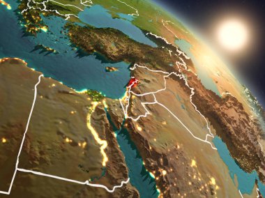 Günbatımı Lübnan Planet Earth görünür ülke sınırları ile uzaydan yukarıda. 3D çizim. Nasa tarafından döşenmiş bu görüntü unsurları.