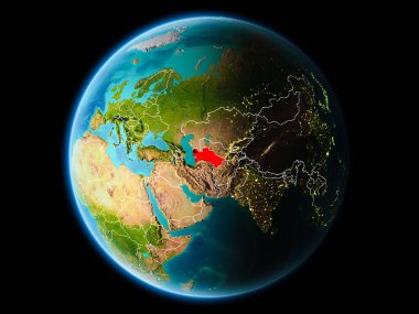 Türkmenistan ile son derece detaylı yüzey dokuları görünür kenarlık çizgisi ve şehir ışıkları ile gece Dünya gezegeninin yörüngeden. 3D çizim. Nasa tarafından döşenmiş bu görüntü unsurları.