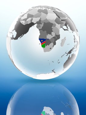 Namibya parlak yüzeye yansıtan dünya üzerinde bayrak ile. 3D çizim.
