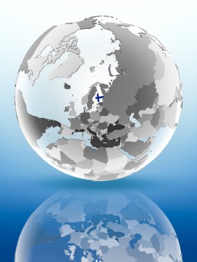 Finlandiya bayrağı parlak yüzeye yansıtan dünya üzerinde. 3D çizim.