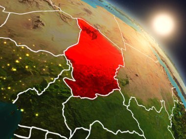 Günbatımı Chad Planet Earth görünür ülke sınırları ile uzaydan yukarıda. 3D çizim. Nasa tarafından döşenmiş bu görüntü unsurları.