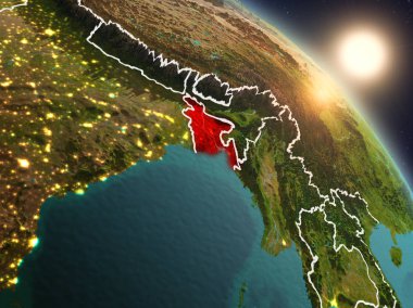 Günbatımı Bangladeş Planet Earth görünür ülke sınırları ile uzaydan yukarıda. 3D çizim. Nasa tarafından döşenmiş bu görüntü unsurları.