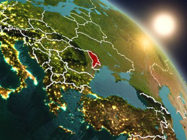 Günbatımı Moldova Planet Earth görünür ülke sınırları ile uzaydan yukarıda. 3D çizim. Nasa tarafından döşenmiş bu görüntü unsurları.
