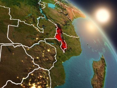 Günbatımı Malavi Planet Earth görünür ülke sınırları ile uzaydan yukarıda. 3D çizim. Nasa tarafından döşenmiş bu görüntü unsurları.