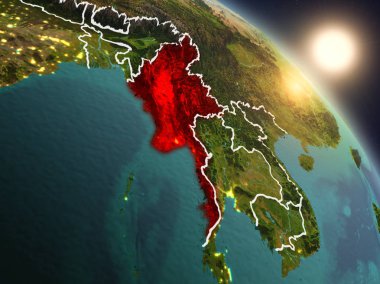 Günbatımı Myanmar Planet Earth görünür ülke sınırları ile uzaydan yukarıda. 3D çizim. Nasa tarafından döşenmiş bu görüntü unsurları.