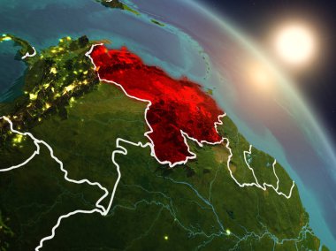 Günbatımı Venezuela Planet Earth görünür ülke sınırları ile uzaydan yukarıda. 3D çizim. Nasa tarafından döşenmiş bu görüntü unsurları.