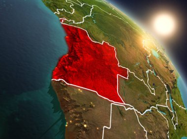Günbatımı Angola Planet Earth görünür ülke sınırları ile uzaydan yukarıda. 3D çizim. Nasa tarafından döşenmiş bu görüntü unsurları.