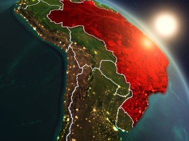 Günbatımı Brezilya Planet Earth görünür ülke sınırları ile uzaydan yukarıda. 3D çizim. Nasa tarafından döşenmiş bu görüntü unsurları.