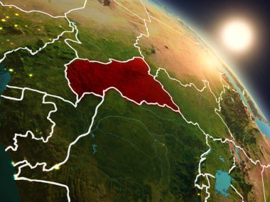 Günbatımı Orta Afrika Planet Earth görünür ülke sınırları ile uzaydan yukarıda. 3D çizim. Nasa tarafından döşenmiş bu görüntü unsurları.