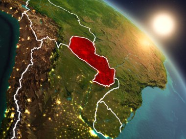 Günbatımı Paraguay Planet Earth görünür ülke sınırları ile uzaydan yukarıda. 3D çizim. Nasa tarafından döşenmiş bu görüntü unsurları.