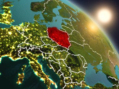 Günbatımı Polonya Planet Earth görünür ülke sınırları ile uzaydan yukarıda. 3D çizim. Nasa tarafından döşenmiş bu görüntü unsurları.