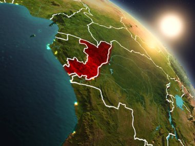 Günbatımı Kongo Planet Earth görünür ülke sınırları ile uzaydan yukarıda. 3D çizim. Nasa tarafından döşenmiş bu görüntü unsurları.