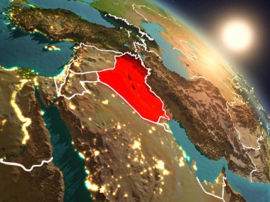 Günbatımı Irak Planet Earth görünür ülke sınırları ile uzaydan yukarıda. 3D çizim. Nasa tarafından döşenmiş bu görüntü unsurları.