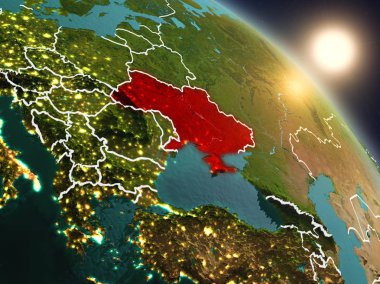 Günbatımı Ukrayna Planet Earth görünür ülke sınırları ile uzaydan yukarıda. 3D çizim. Nasa tarafından döşenmiş bu görüntü unsurları.