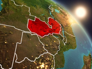 Günbatımı Zambiya Planet Earth görünür ülke sınırları ile uzaydan yukarıda. 3D çizim. Nasa tarafından döşenmiş bu görüntü unsurları.