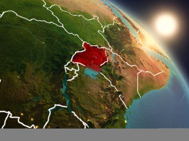 Günbatımı Uganda Planet Earth görünür ülke sınırları ile uzaydan yukarıda. 3D çizim. Nasa tarafından döşenmiş bu görüntü unsurları.