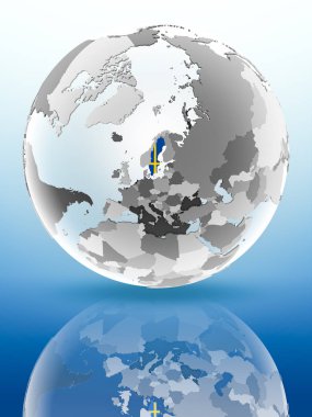 İsveç bayrağı parlak yüzeye yansıtan dünya üzerinde. 3D çizim.