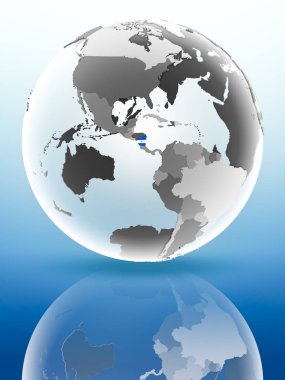 Nikaragua bayrağı parlak yüzeye yansıtan dünya üzerinde. 3D çizim.