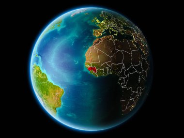Gine gezegenin Dünya'ya son derece detaylı yüzey dokuları görünür kenarlık çizgileri ve şehir ışıkları ile gece yörüngeden. 3D çizim. Nasa tarafından döşenmiş bu görüntü unsurları.